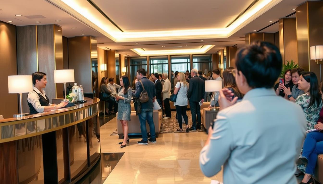 A modern hotel lobby filled with guests engaged in lively conversation. In the foreground, a concierge desk with a staff member attentively assisting a guest. The middle ground features travelers checking in at the reception counter, conveying a sense of efficient, seamless communication. The background showcases a cozy seating area where patrons relax, their body language suggesting a comfortable, welcoming atmosphere. Soft, warm lighting illuminates the scene, creating an inviting ambiance. The composition emphasizes the hotel's commitment to direct, personalized guest interaction, ensuring a memorable hospitality experience.