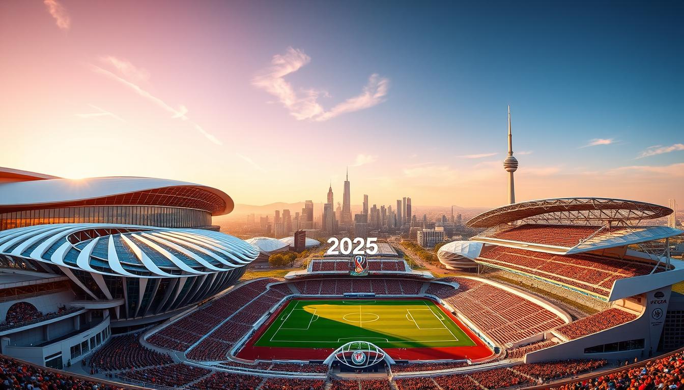 usa world cup 2026 A vibrant collage of iconic soccer stadiums across the 2026 World Cup host cities in the USA. In the foreground, sleek, modern stadiums with sweeping glass facades and dynamic roof structures stand tall, their grand presence commanding attention. The midground showcases lush, verdant pitches surrounded by tiered seating, creating an immersive atmosphere for the beautiful game. In the background, a cityscape of skyscrapers and landmarks serves as a backdrop, hinting at the diverse urban landscapes that will host the global spectacle. Warm, golden lighting bathes the scene, evoking a sense of excitement and anticipation for the upcoming tournament.