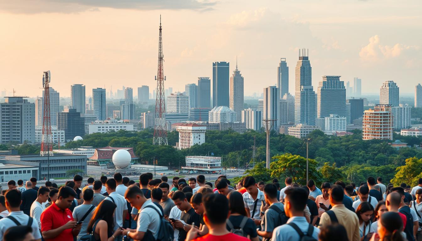 A bustling cityscape of Jakarta, Indonesia, with a focus on the vibrant communication services. In the foreground, a crowd of people engaged with their smartphones, tablets, and laptops, connected to the city's robust 5G and fiber-optic internet. In the middle ground, towering telecommunication towers and satellite dishes dot the skyline, symbolizing the reliable infrastructure that powers the nation's communication networks. The background features a blend of modern skyscrapers and lush, verdant landscapes, creating a dynamic and technologically advanced urban environment. The scene is illuminated by a warm, golden light, conveying a sense of progress and innovation.