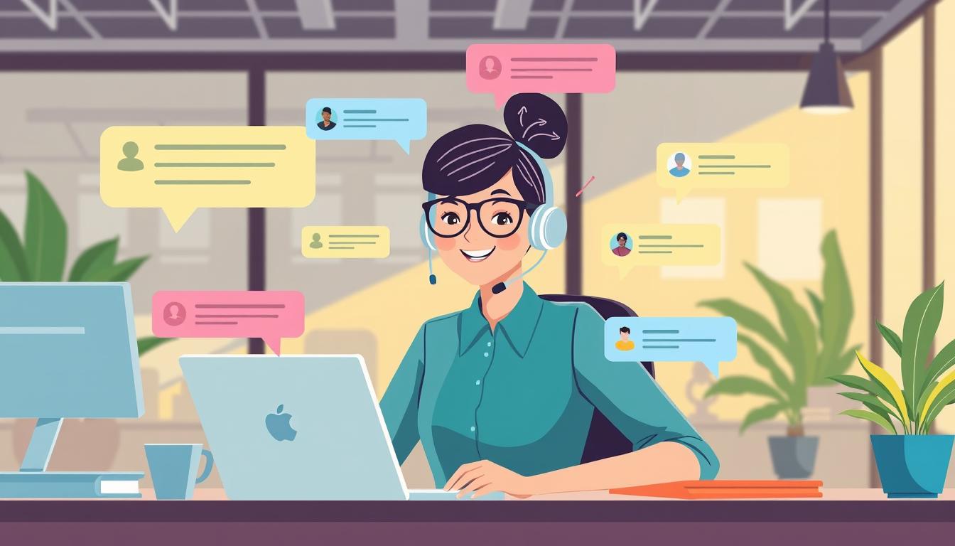 Generate an image of a customer service representative responding to inquiries on social media.