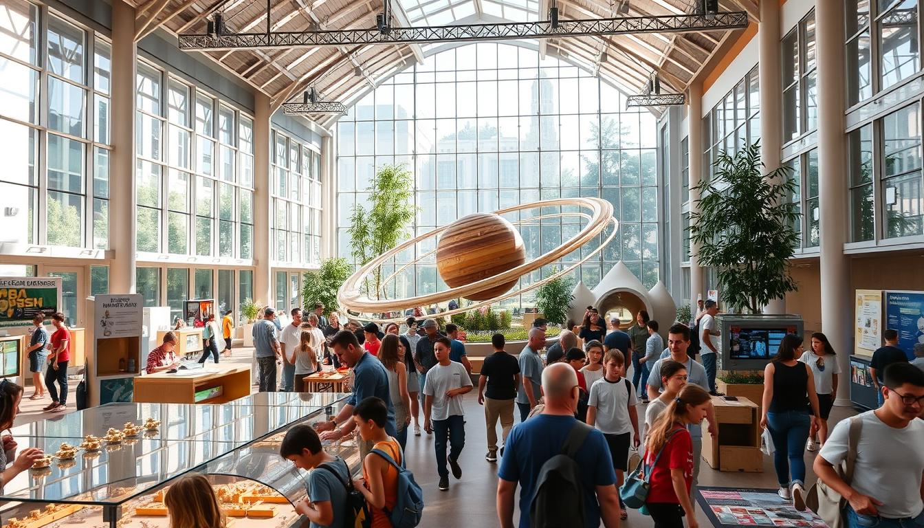 A bustling interactive science center, illuminated by natural light streaming through large windows. In the foreground, visitors interact with hands-on exhibits, exploring concepts of physics, biology, and technology. The middle ground features a towering model of the solar system, inviting visitors to engage with the wonders of the cosmos. In the background, a modern glass-and-steel atrium provides a serene and contemplative space, complemented by lush greenery and sculptural elements. The scene exudes a sense of discovery and intellectual curiosity. www.travelandworldcup.com