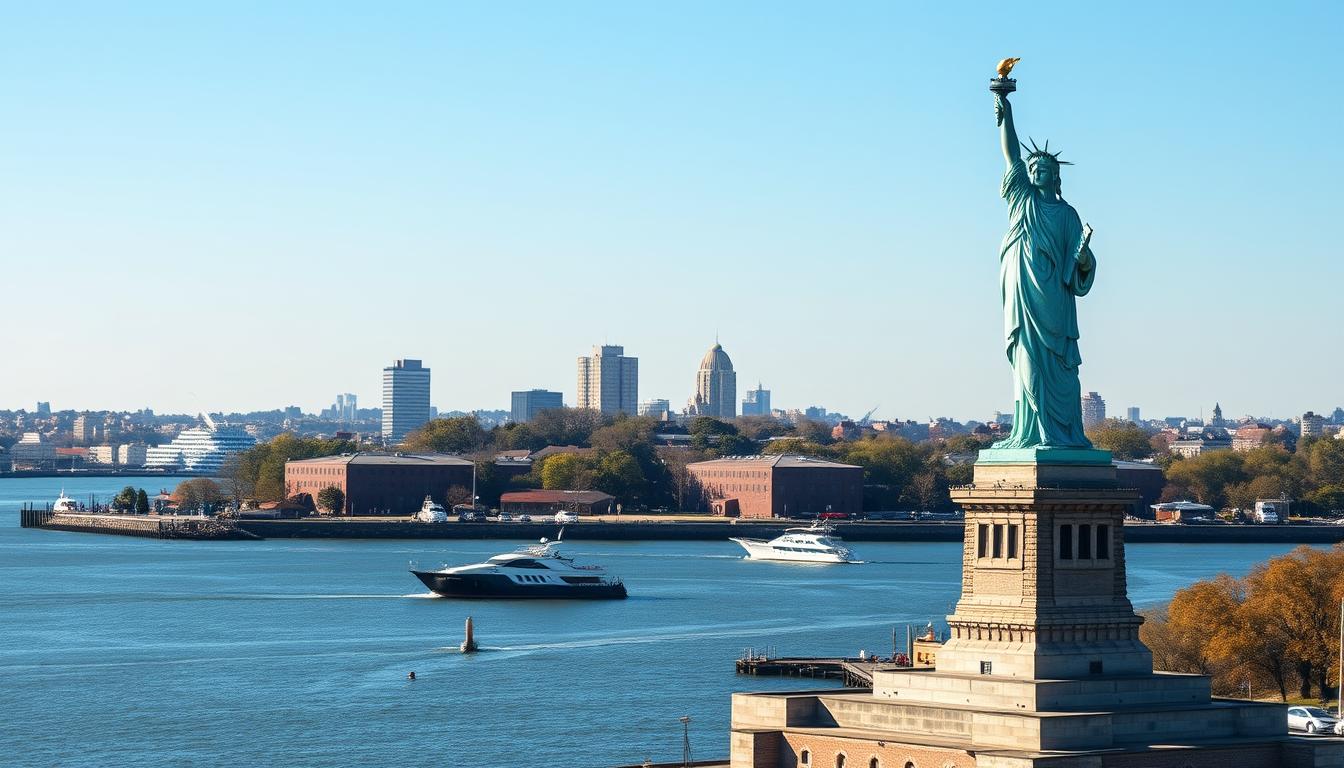 Generate an image of the Statue of Liberty and Ellis Island.