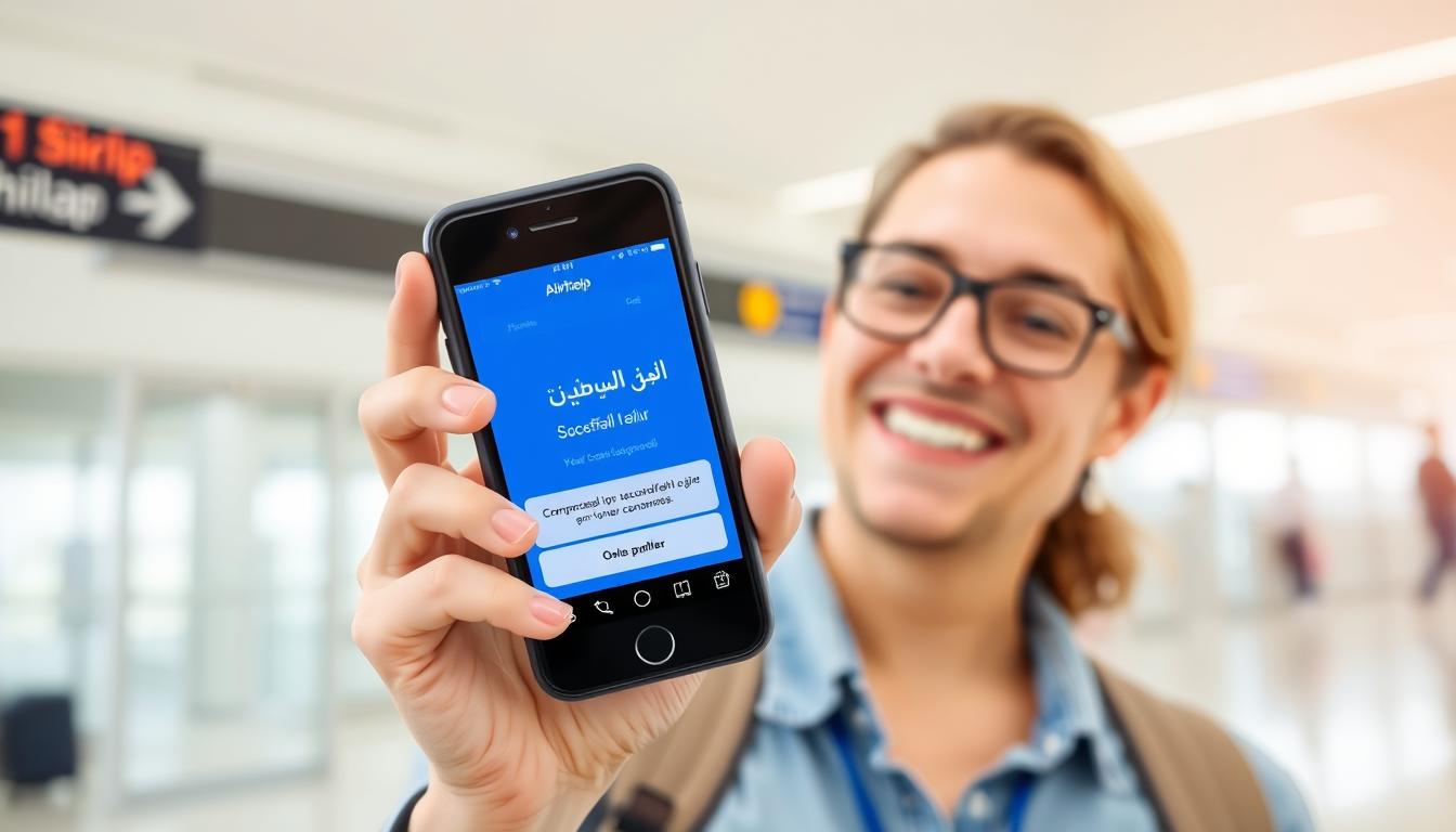 شخص سعيد يستلم تعويضاً عبر تطبيق AirHelp
