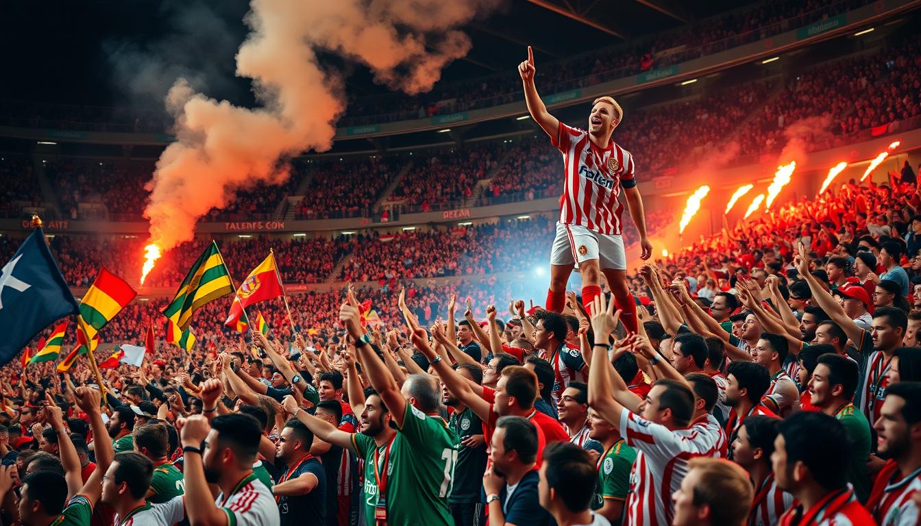 A lively crowd of soccer fans gathered in a stadium, waving colorful flags and banners, chanting and singing passionately. In the foreground, fans dressed in team jerseys and scarves perform traditional dances and rituals, pumping their fists and jumping in sync. The middle ground showcases fans forming human pyramids, lifting each other up in a display of unity and team spirit. In the background, the stadium is illuminated by the glow of flares and flashlights, creating a vibrant, energetic atmosphere. The lighting is warm and dramatic, capturing the intensity and excitement of the fan traditions.