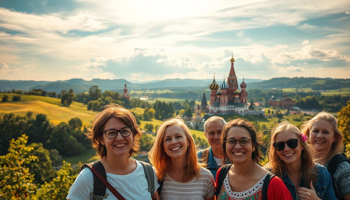 Serene landscapes of rolling hills and lush greenery, with Ukraine's iconic onion-domed churches and historic architecture in the distance. In the foreground, a group of travelers enjoying an exclusive sightseeing tour, their faces alight with wonder and discovery. Warm, golden sunlight filters through wispy clouds, casting a soft, dreamlike glow over the scene. Vibrant colors and rich textures evoke the allure of a one-of-a-kind, all-inclusive vacation experience in this enchanting, off-the-beaten-path destination. A sense of adventure and cultural immersion permeates the frame, inviting the viewer to embark on a truly memorable journey.