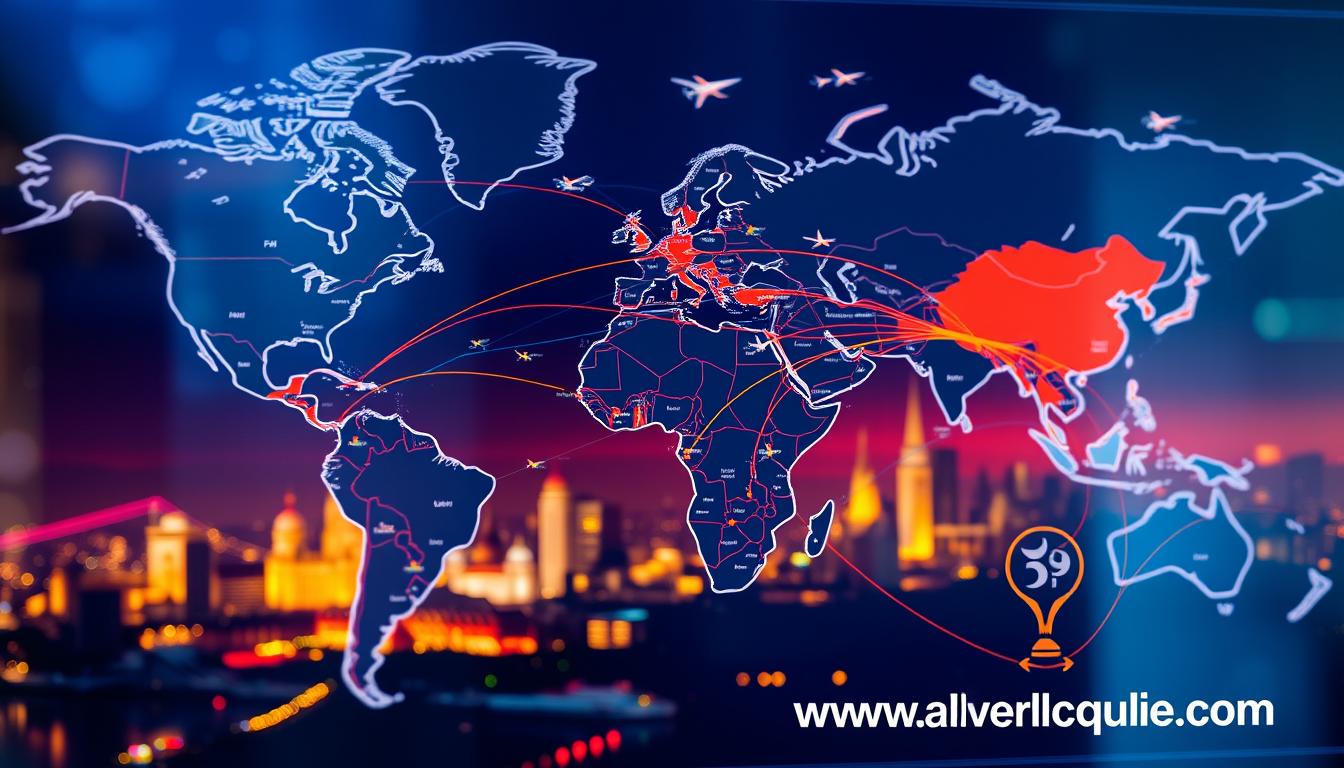 A detailed and intricate multi-city ticket routing map, meticulously crafted to illustrate the complexity of air travel planning. In the foreground, a bold and dynamic network of flight paths connecting various international airports, with iconic landmarks and cityscapes in the background, all rendered in a vibrant, high-contrast color palette. The map is presented with a clean, minimalist aesthetic, showcasing the interconnectivity of global destinations in a visually striking manner. Subtle lighting and depth of field effects create a sense of depth and dimensionality, while the overall composition conveys a sense of technological sophistication. Adorning the bottom right corner, the website www.travelandworldcup.com serves as a subtle yet impactful reference point.