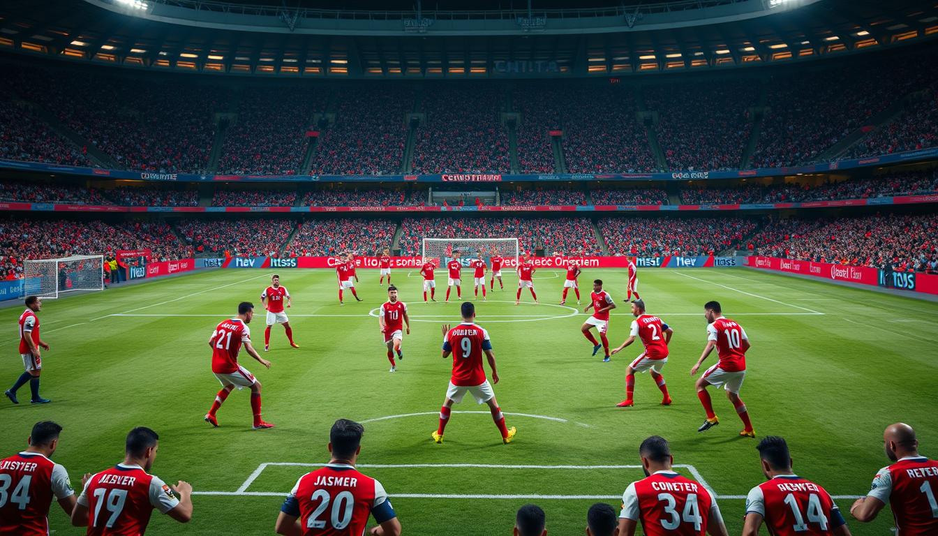 A strategic soccer formation unfolds on a vibrant pitch, as Chile's national team approaches the 2026 World Cup with tactical precision. In the foreground, players in red and white jerseys position themselves with unwavering concentration, their movements choreographed to create intricate passing patterns. The middle ground reveals a dynamic midfield, where the team's playmakers orchestrate the flow of the game, seamlessly transitioning between defense and attack. In the background, the stadium's grandstands rise, casting a warm glow over the scene, capturing the electric atmosphere of international competition. Subtle lighting accentuates the players' determination, while a wide-angle lens conveys the scope of Chile's tactical masterplan.