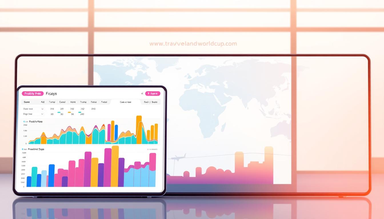 A sleek, data-driven illustration of an airfare prediction model. In the foreground, a sophisticated dashboard displays colorful charts and graphs, providing clear insights into flight pricing trends. The middle ground features a world map, with airline routes and destinations highlighted, conveying the global scale of air travel. In the background, a minimalist interface showcases the www.travelandworldcup.com brand, reflecting the technological prowess and user-friendly design of the platform. Warm, natural lighting and a clean, modern aesthetic create a sense of authority and reliability, perfectly capturing the essence of a sophisticated flight price tracker.