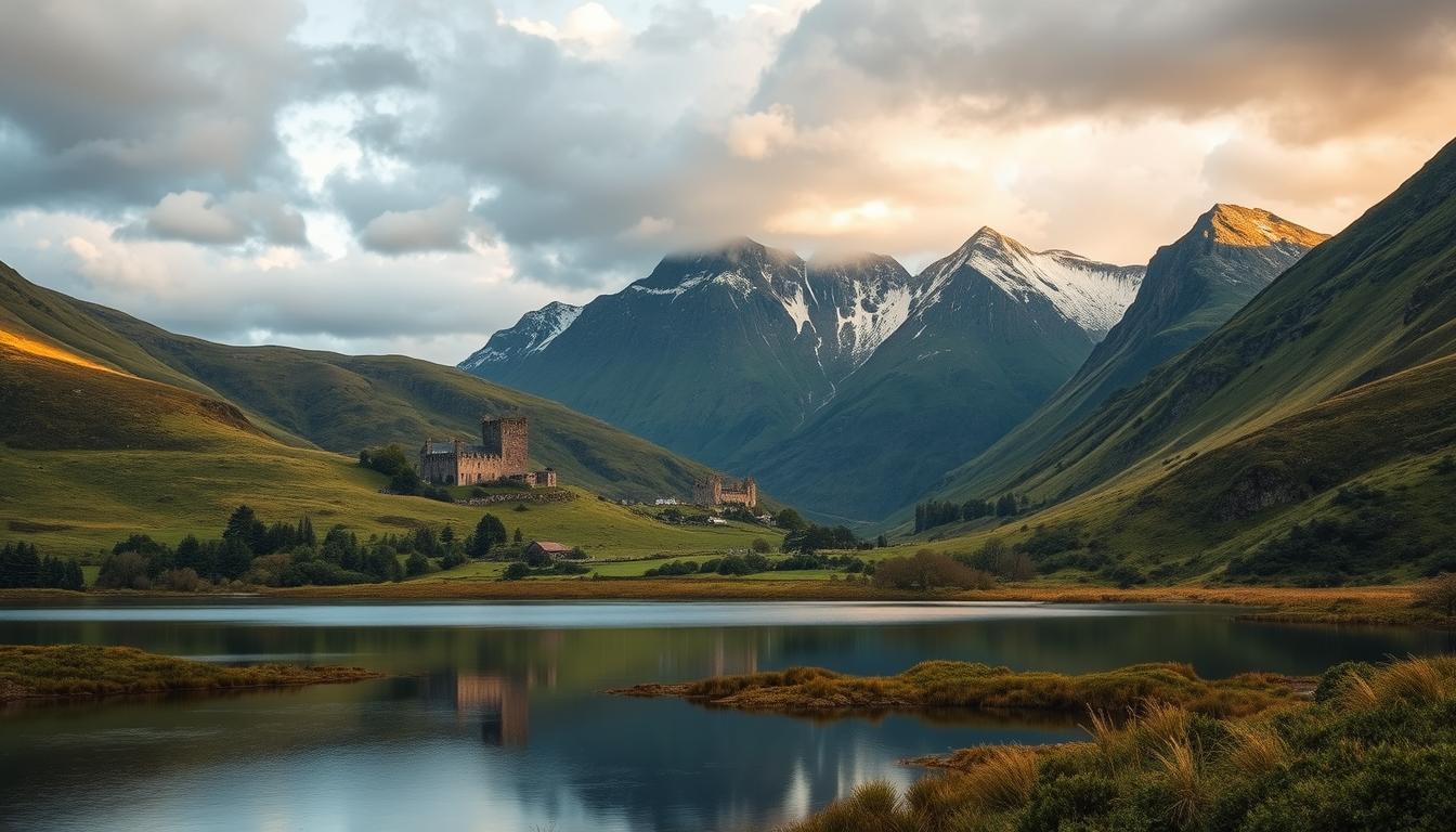 المعالم السياحية في المملكة المتحدة: دليل شامل للزيارة A majestic landscape in the Scottish Highlands, with rolling hills covered in lush green vegetation and dotted with ancient castles and historic landmarks. In the foreground, a crystal-clear loch reflects the surrounding peaks and the dramatic cloudy sky above. Tall, rugged mountains rise in the distance, their snow-capped summits glowing in the warm, golden light of the setting sun. The scene is infused with a sense of timeless grandeur and Celtic mysticism, capturing the essence of Scotland's breathtaking natural beauty and rich cultural heritage.