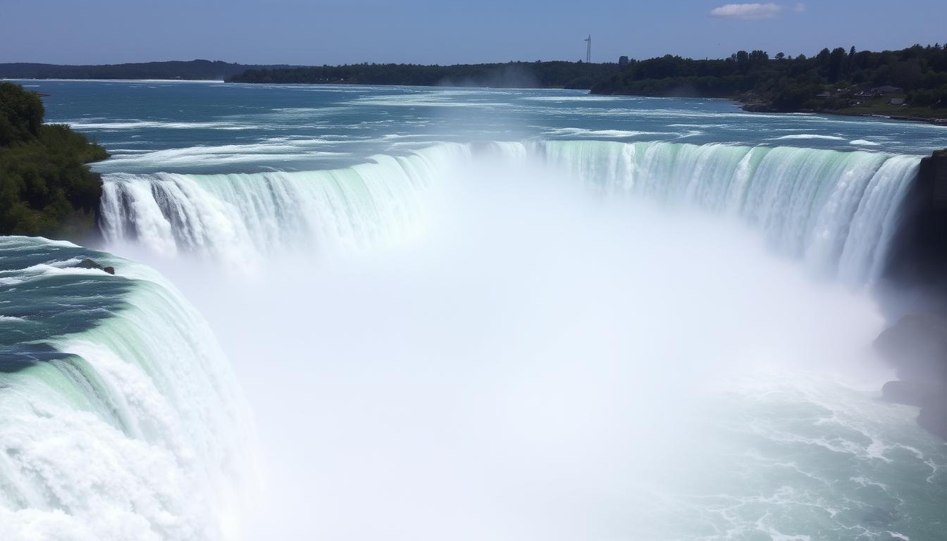 An image of Niagara Falls with mist rising from the base of the falls.