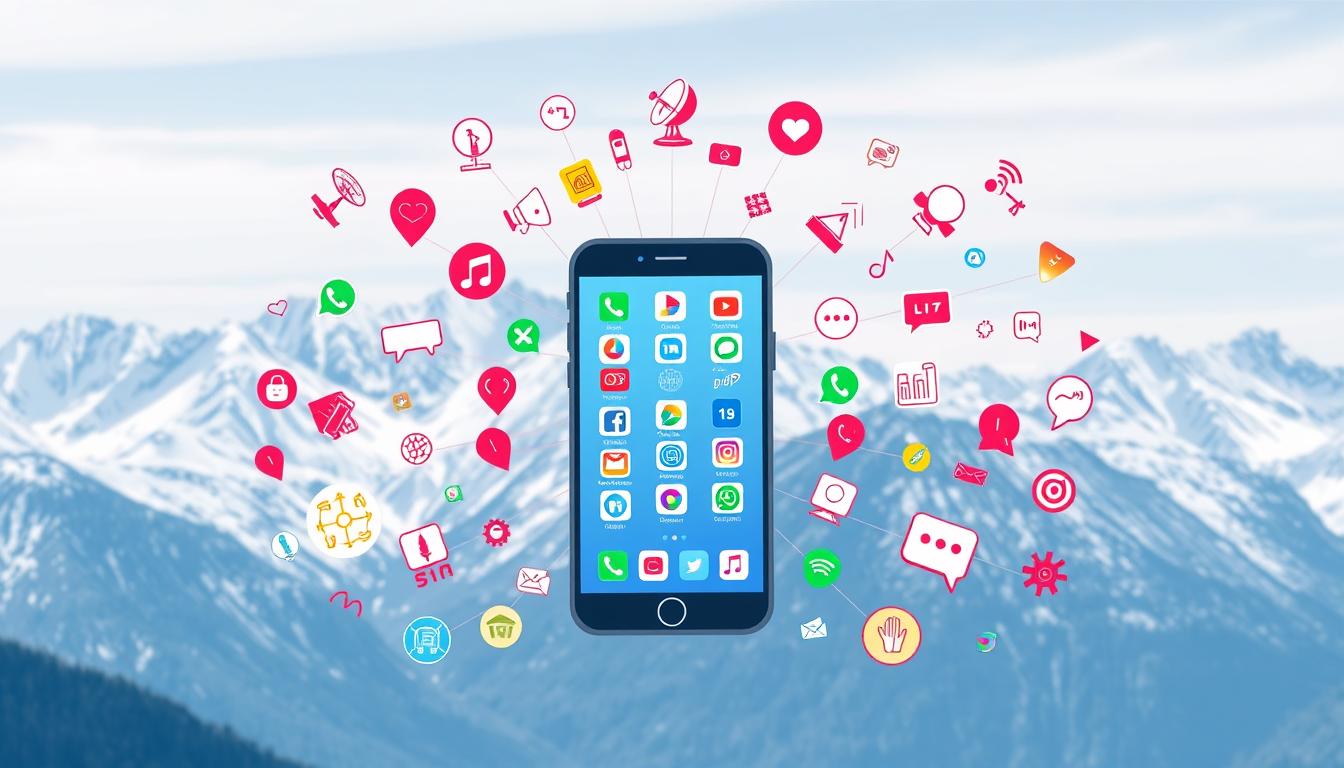 A vibrant, visually striking illustration of &quot;خدمات الاتصال&quot; for a travel guide. Set against a backdrop of snow-capped mountains and a crisp, clear sky, the central focus is a modern smartphone, its screen showcasing a variety of communication apps and services. The device is surrounded by a constellation of icons, symbols, and graphic elements that evoke the concept of global connectivity, from satellite dishes to signal waves to international currency symbols. The overall composition has a sleek, minimalist aesthetic, with a clean, bold color palette that emphasizes the technological nature of the subject matter. The lighting is soft and diffused, creating a sense of depth and dimensionality. The image conveys the idea of seamless, accessible communication while traveling, a crucial element for the &quot;Yesim&quot; section of the article.
