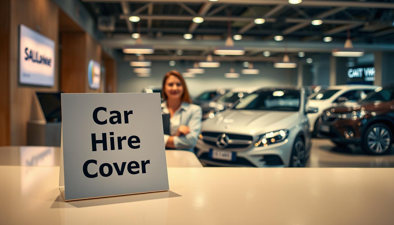 A sleek, modern car rental agency counter, bathed in warm, inviting lighting. The foreground features a prominently displayed &quot;Car Hire Cover&quot; sign, its bold text and clean design catching the eye. In the middle ground, a professional rental agent stands ready to assist customers, their friendly demeanor and attentive posture conveying the importance of this service. The background showcases a well-organized fleet of diverse, gleaming vehicles, hinting at the wide range of options available. The overall scene exudes a sense of efficiency, security, and the peace of mind that comes with comprehensive car rental coverage.