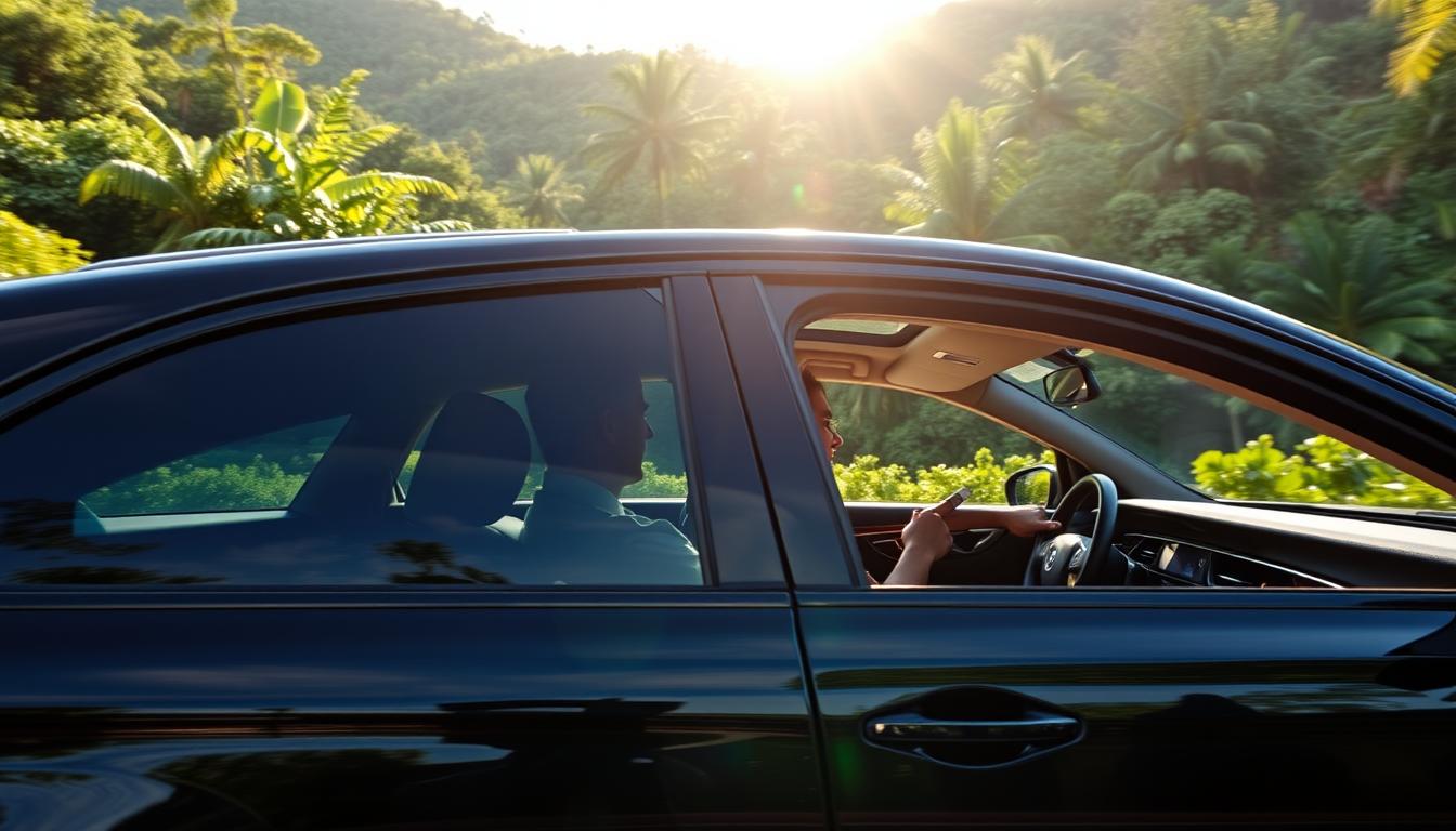 A sleek, black luxury sedan glides through the lush, verdant landscape of the Dominican Republic, its smooth ride reflecting the effortless efficiency of seamless transportation. Sunlight filters through the tinted windows, casting a warm glow on the interior's plush leather seats. In the front, a professional driver navigates the winding roads with precision, their hands expertly maneuvering the steering wheel. The car's exterior gleams, a testament to its immaculate maintenance, while the passengers inside enjoy the comfort and security of a carefully curated travel experience. This image captures the essence of &amp;quot;Using Welcome Pickups for Seamless Transportation&amp;quot; - a harmonious blend of convenience, reliability, and the breathtaking natural beauty of the Dominican Republic.