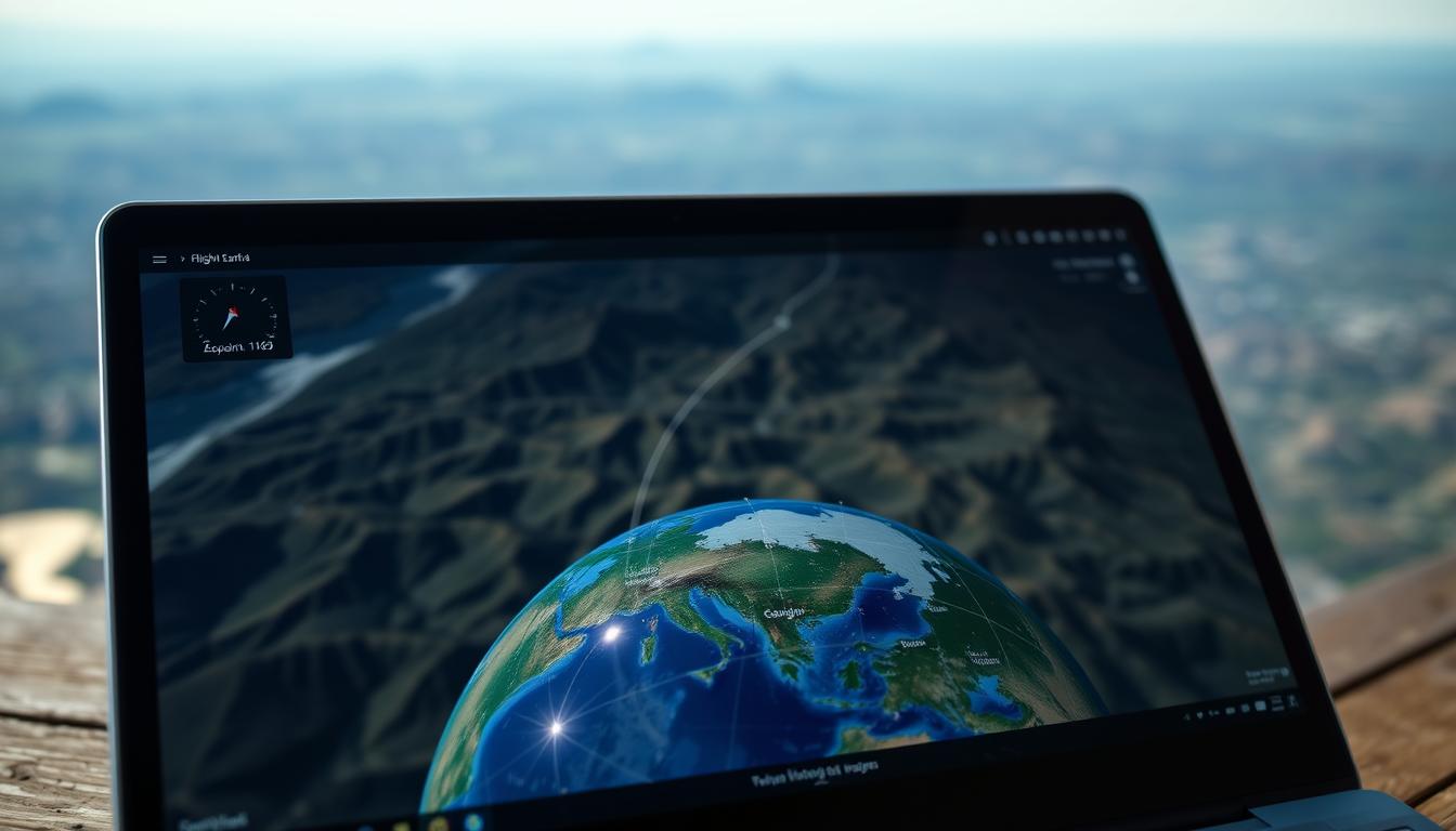 A close-up view of a laptop screen displaying the Google Earth Flight Simulator interface. The foreground showcases the 3D globe and the various navigation tools, such as the compass, altitude and speed indicators, and flight path tracing. The middle ground features a detailed terrain with mountains, valleys, and rivers, creating a realistic landscape. The background is slightly blurred, conveying a sense of focus on the flight simulator experience. The scene is illuminated by natural lighting, casting soft shadows and highlights that enhance the depth and realism of the image. The overall mood is one of excitement and anticipation, inviting the viewer to explore the virtual world of Google Earth Flight Simulator.