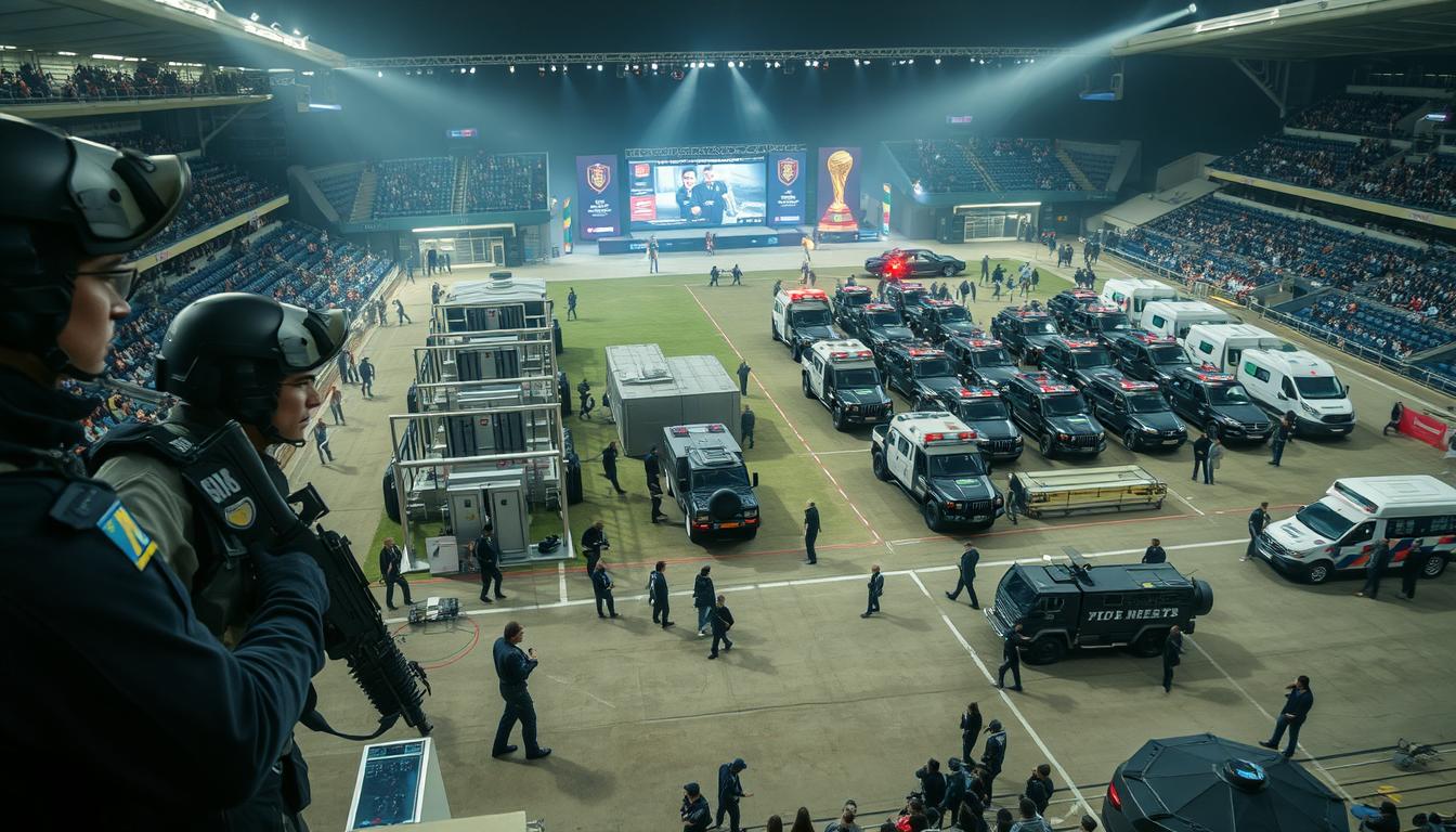 Dramatic aerial view of a secure global sporting event, with a wide array of security measures in place. In the foreground, armed security personnel patrol the perimeter, their vigilant gazes scanning the crowds. In the middle ground, sophisticated surveillance cameras and metal detectors monitor the entry points, ensuring the safety of all attendees. In the background, a fleet of armored vehicles and emergency service units stand at the ready, prepared to respond to any potential threats. The scene is bathed in a somber, yet determined atmosphere, emphasizing the importance of maintaining safety and security at this high-profile international event. www.travelandworldcup.com