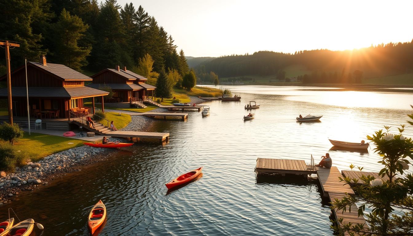 A cozy lakeside resort nestled in the rolling hills of Hungary, with quaint wooden cabins, a gently lapping shoreline, and a warm, inviting atmosphere. The scene is bathed in soft, golden afternoon light, casting a serene glow across the tranquil waters. Kayaks and small boats dot the lake, while guests lounge on the dock, taking in the picturesque landscape. In the background, lush forests and verdant meadows provide a natural backdrop, hinting at the scenic wonders that await beyond the resort's borders.