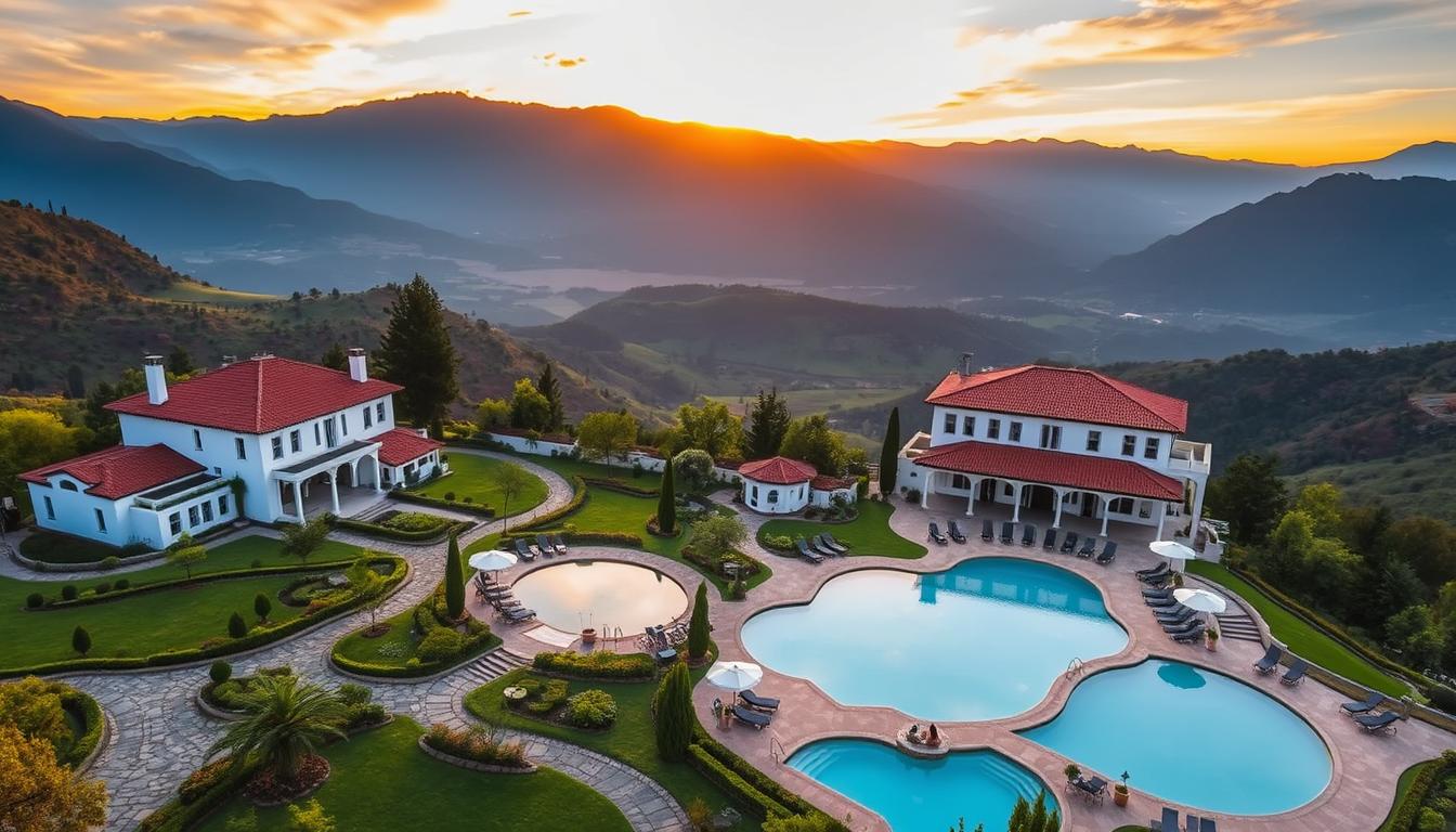 A luxurious Argentine resort nestled amidst lush, rolling hills and towering mountains. Manicured gardens and shimmering infinity pools dot the tranquil landscape, reflecting the warm, golden light of the setting sun. Elegant, whitewashed villas with red-tiled roofs and sprawling terraces offer breathtaking views of the surrounding natural splendor. Guests stroll along winding, cobblestone paths, indulging in fine local cuisine and sipping on rich Malbec wine. A sense of understated sophistication and relaxation pervades the serene, almost dreamlike atmosphere.