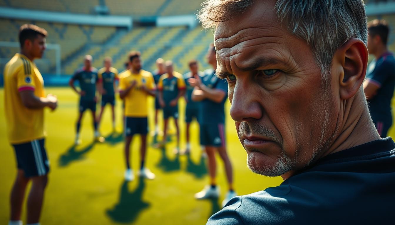 Detailed visual analysis of Colombia's head coach overseeing tactical training session on a lush football pitch. Midground shows the coach gesturing animatedly, surrounded by attentive players. Foreground captures a close-up view of the coach's intense expression, deep in concentration as he demonstrates formations and strategies. Soft natural lighting casts dramatic shadows, heightening the sense of focus and determination. Subtle blurred background elements suggest the wider stadium environment. The overall mood is one of serious intent, as the coach works to refine his team's approach in pursuit of success on the global stage.