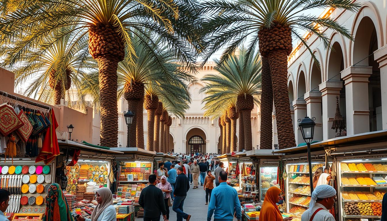 A bustling outdoor market in Bahrain, filled with vibrant stalls and bustling crowds. In the foreground, vendors display a kaleidoscope of traditional Bahraini handicrafts, intricate textiles, and aromatic spices. Middle ground showcases towering palm trees casting warm, dappled light across the scene. In the background, the iconic Bahraini architecture with its distinctive arched doorways and domed roofs. The atmosphere is lively and energetic, with the sounds of haggling and laughter filling the air, evoking the essence of Bahraini shopping culture.