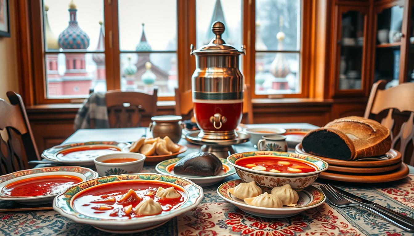 A traditional Russian dining table set with colorful handcrafted wooden plates, bowls, and utensils. Steaming borscht and pelmeni dumplings sit alongside a loaf of freshly baked black bread. In the middle, a gleaming samovar brews fragrant Russian tea. The warm, amber lighting casts a cozy glow, evoking the rich cultural heritage of the Russian kitchen. A window in the background offers a glimpse of onion-domed churches and snow-capped onion domes, blending the indoor and outdoor scenes. The composition captures the essence of Russian hospitality and the deeply rooted culinary traditions that have nourished generations.
