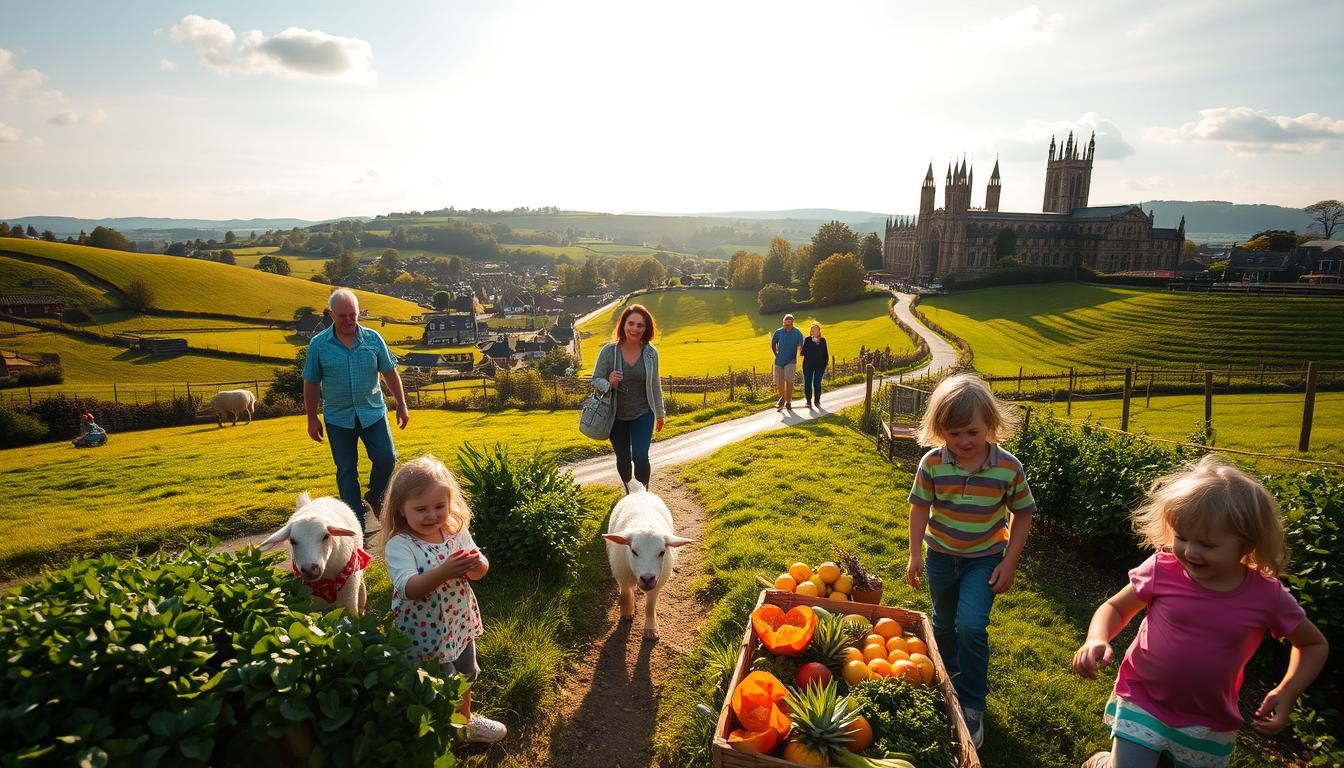 Vibrant family adventures in the lush British countryside: rolling hills, verdant meadows, and picturesque villages come alive under a warm, golden-hour glow. In the foreground, a group of cheerful children explore a charming farm, petting friendly animals and picking fresh produce. In the middle ground, parents and grandparents stroll along a winding path, taking in the serene landscape. In the background, iconic landmarks like castles and cathedrals dot the horizon, hinting at the rich history and culture of the United Kingdom. Captured with a wide-angle lens to convey a sense of grandeur and exploration, this image evokes the perfect family-friendly adventure, brought to you by https://www.travelandworldcup.