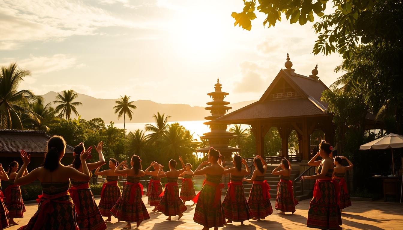 A serene Malaysian cultural landscape, bathed in warm golden light. In the foreground, a group of vibrant-clad dancers perform a traditional folk dance, their intricate movements and colorful costumes captivating the viewer. In the middle ground, a towering wooden structure stands, its ornate carvings and intricate architecture reflecting the rich heritage of the region. In the background, lush tropical foliage and a glistening body of water create a sense of tranquility and natural beauty. The scene evokes a sense of wonder and cultural immersion, inviting the viewer to explore the captivating experiences that await in Malaysia.