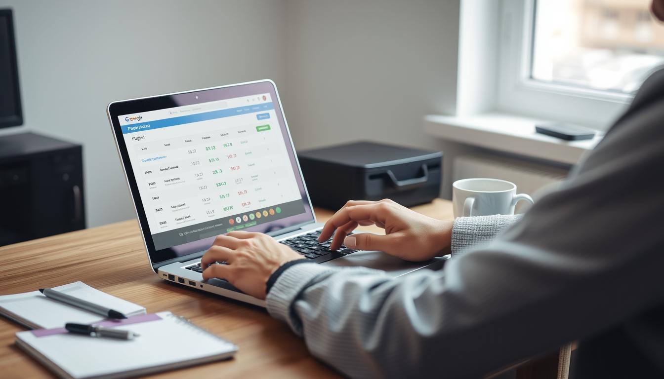 Generate an image of a person using a laptop to track flight prices