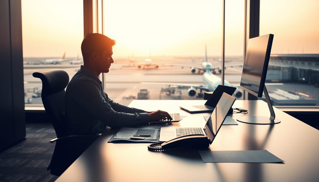 A sleek, modern office scene with a prominent desk featuring a laptop, phone, and papers. In the foreground, a person sits at the desk, focused on their computer screen. The background showcases a panoramic view of an airport terminal through large windows, with planes taking off and landing in the distance. Soft, natural lighting filters through the windows, creating a warm and professional atmosphere. The overall composition conveys the concept of efficiently handling flight-related issues with the help of AirHelp's services.