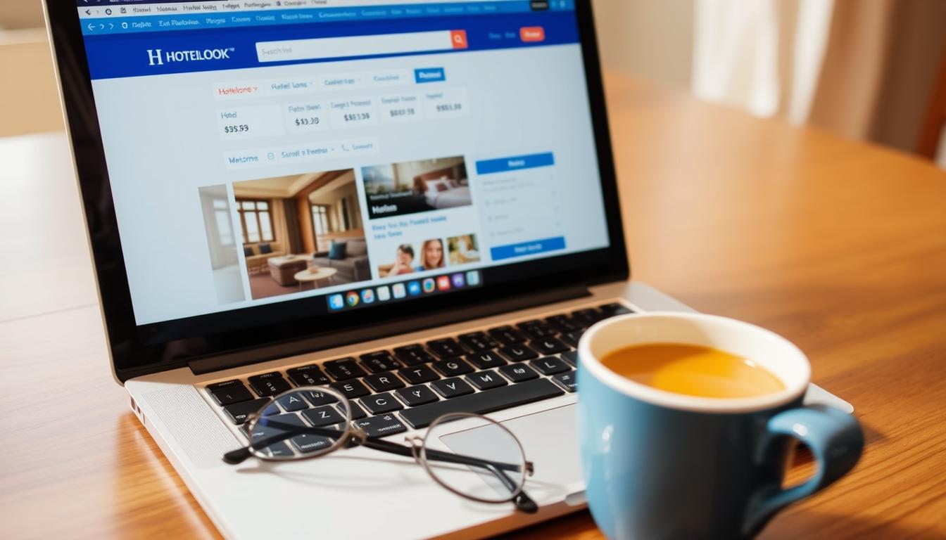 A close-up shot of a laptop screen displaying the Hotellook website interface, showcasing a user searching for and booking a hotel. The laptop is placed on a wooden desk, with a cup of coffee and a pair of glasses in the foreground, creating a cozy, productive work environment. The screen shows a clean, user-friendly design with hotel options, pricing, and booking capabilities. The lighting is soft and natural, reflecting off the laptop's surface. The overall scene conveys the ease and convenience of using Hotellook to plan and book the perfect hotel stay.