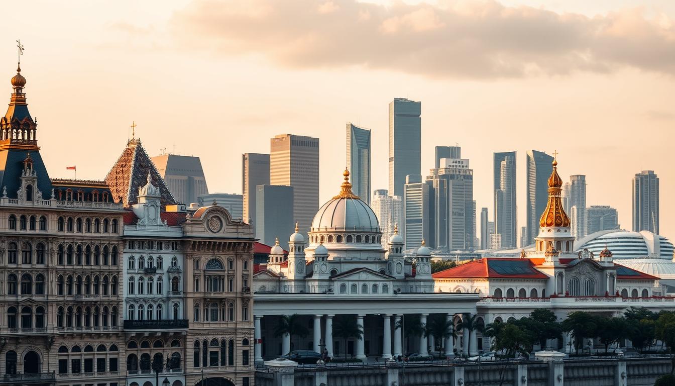 A stunning skyline of Singapore's iconic historical landmarks, bathed in warm golden light. In the foreground, the intricate facades of the iconic Raffles Hotel and the grand Fullerton Hotel stand tall, their ornate details casting long shadows. In the middle ground, the magnificent domes and spires of the Sultan Mosque and the Thian Hock Keng Temple rise majestically, their vibrant colors reflecting the vibrant culture of the city. In the background, the futuristic skyscrapers of the Marina Bay area provide a dramatic contrast, creating a harmonious blend of old and new. The scene is captured with a wide-angle lens, showcasing the grandeur and scale of these architectural wonders, set against a cloudless sky.