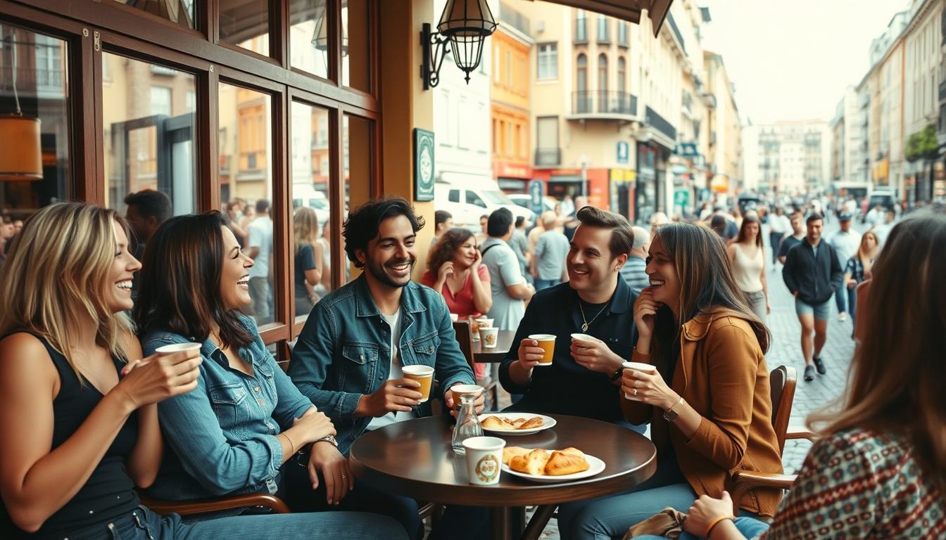 travelling alone for the first time a group of diverse travelers making new friends and bonding over shared experiences at a lively outdoor cafe, with large windows overlooking a bustling European street. The foreground features several people laughing and conversing over cups of coffee and plates of pastries. The middle ground depicts a mix of locals and tourists mingling, while the background showcases vibrant city life with colorful buildings, cobblestone roads, and pedestrians strolling by. The scene is bathed in warm, natural lighting, with a vintage, film-like aesthetic. The overall mood is one of camaraderie, discovery, and the joy of meeting new people while traveling. www.travelandworldcup.com