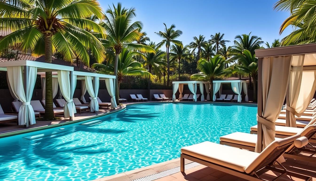 A lush, sun-drenched oasis at the iconic Beverly Hills Hotel, the shimmering pool is the epitome of refined luxury. Cabanas in classic white line the pool's edge, casting soft shadows on the sparkling turquoise water. Lush palm trees sway gently in the warm breeze, their fronds creating dappled patterns of light and shade. Plush lounge chairs invite guests to recline and soak up the California sunshine, while discreet service ensures every need is attended to. This world-class amenity captures the timeless elegance and sophistication that define the Beverly Hills Hotel experience. www.travelandworldcup.com