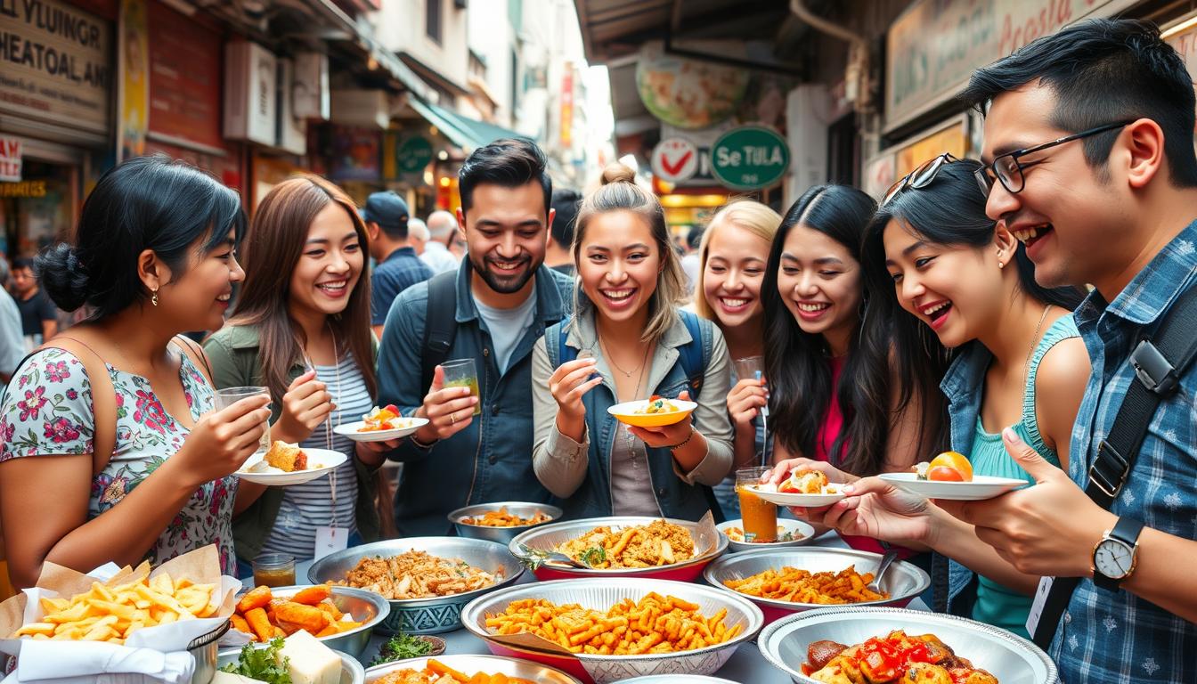Generate an image of a food tour group sampling dishes in a neighborhood.