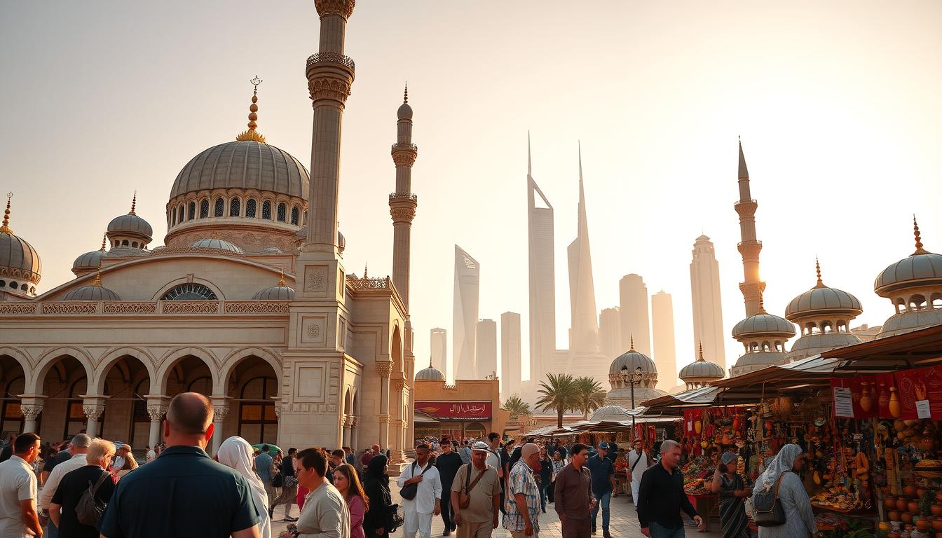 A vibrant and culturally immersive scene in the United Arab Emirates, showcasing the country's rich heritage and architectural wonders. In the foreground, a group of tourists admire the intricate details of an ornate mosque, its domes and minarets reaching skyward. The middle ground features a bustling souk, where local artisans display their handcrafted textiles, pottery, and jewelry, creating a lively and colorful atmosphere. In the background, the silhouettes of modern skyscrapers and traditional wind towers create a striking contrast, highlighting the blend of old and new that defines the Emirati cultural landscape. The scene is bathed in warm, golden light, conveying a sense of timeless elegance and cultural immersion.