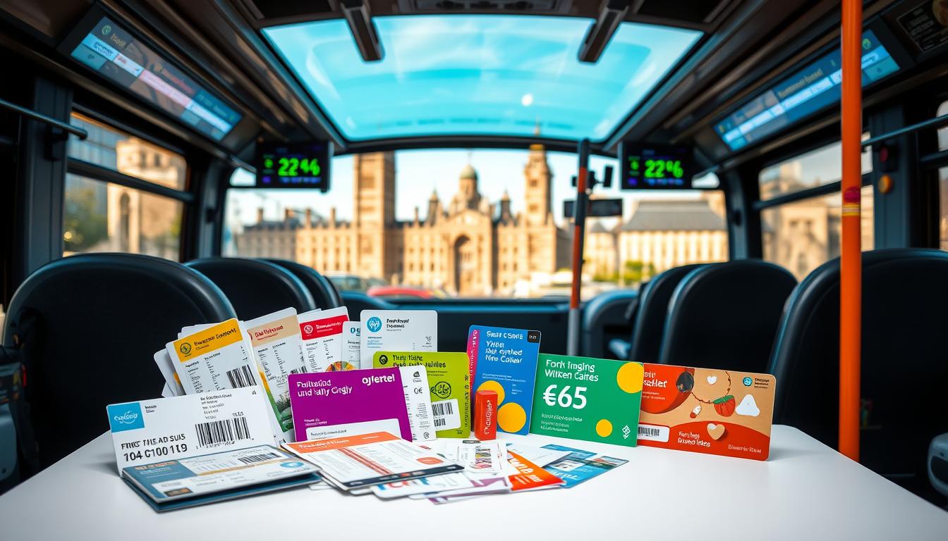 An assortment of UK bus ticket options and discounts, captured with a crisp, clean photographic style. In the foreground, a collection of various tickets, passes, and smartcards, neatly arranged on a plain background. The middle ground showcases a modern bus interior, with comfortable seating and clear displays showcasing routes and timetables. In the background, a cityscape of iconic British architecture, bathed in soft, warm lighting to convey a sense of comfortable familiarity. The overall scene emanates a sense of efficiency and accessibility, reflecting the comprehensive guide to UK bus travel. www.travelandworldcup.com