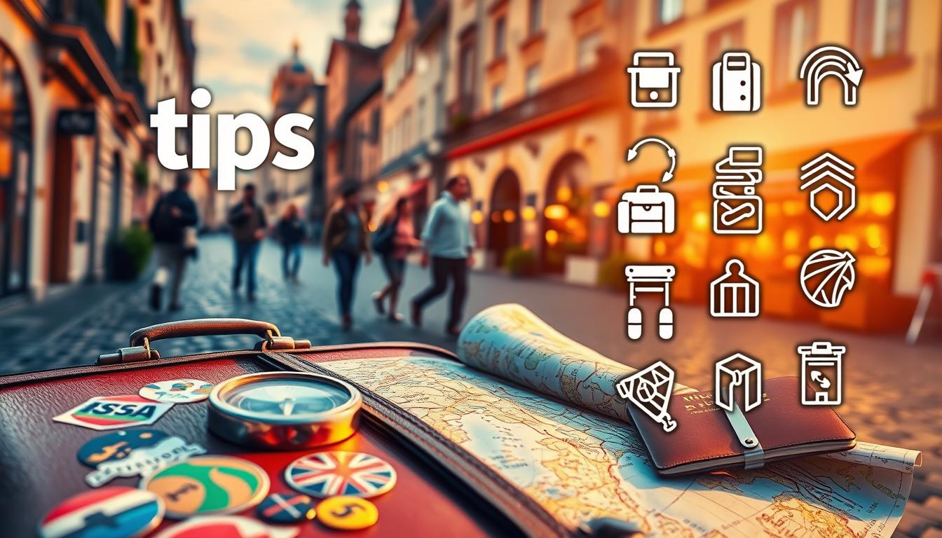 A vibrant travel tips illustration, shot with a wide-angle lens in warm, golden hour lighting. In the foreground, a suitcase with stickers from around the world, a compass, and a map unfurled. In the middle ground, silhouettes of travelers walking through a cobblestone street, with historical architecture and quaint cafes in the background. Overlaying the scene, a layered display of practical travel icons: a passport, luggage tags, a local currency, and transportation symbols. The overall atmosphere evokes a sense of adventure, preparation, and the excitement of exploring a new destination.