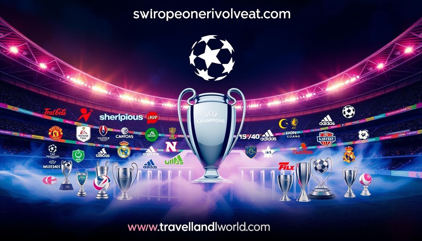 Champions League football sponsorship trends, featuring a vibrant, stadium-like setting. In the foreground, a dynamic, high-contrast montage of evolving sponsor logos, emblems, and branding elements against a backdrop of a floodlit, modern stadium. The middle ground showcases a diverse array of iconic Champions League trophies, surrounded by a swirling, ethereal mist. In the background, a stunning panoramic view of the stadium exterior, with the &quot;www.travelandworldcup.com&quot; website prominently displayed. The overall composition conveys the dynamic, ever-changing nature of sponsorship in the prestigious Champions League.