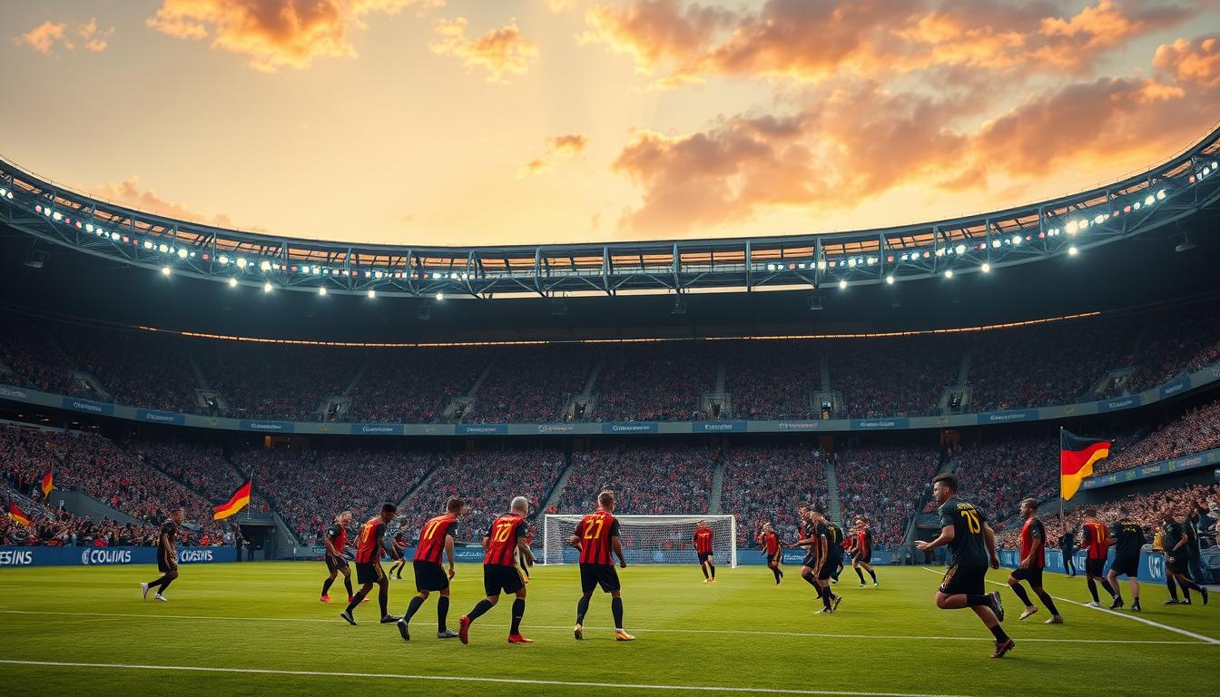 A grand football stadium in the heart of Germany, bathed in the warm glow of a sunset. On the pitch, a team of skilled and determined players, clad in the iconic black, red, and gold of the German national team, engage in a spirited training session. The air is electric with the anticipation of the 2026 World Cup, as the team hones their precision passing, powerful shots, and impenetrable defensive prowess. In the stands, a sea of passionate fans, waving flags and chanting with unwavering support, creating an atmosphere of unbridled enthusiasm. The scene exudes a sense of national pride, a belief that this team is poised to write a new chapter in Germany's illustrious football history, fueled by a deep-rooted tradition of excellence and a hunger to reclaim the trophy on the global stage.