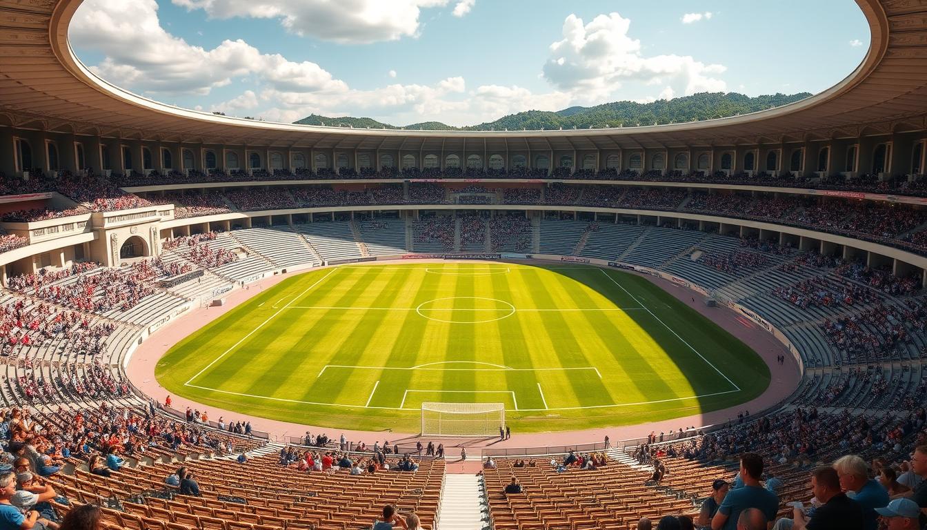 a majestic, well-lit soccer stadium with a sweeping elliptical design, nestled within a lush, verdant landscape. the exterior features elegant, neoclassical architecture with grand arched entryways and ornate columns. the playing field is illuminated with natural sunlight, casting a warm, golden glow across the meticulously maintained grass. in the stands, rows of vintage-style wooden benches create an intimate, historic atmosphere. the crowd is lively, with spectators enthusiastically cheering on the match. the stadium's timeless design and picturesque setting evoke the pioneering spirit of the inaugural 1930 world cup in uruguay.