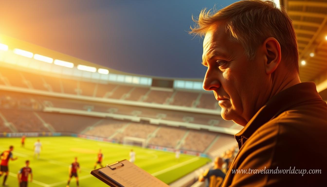 A soccer coach intently analyzing the field, his eyes scanning the players' movements with a keen, focused gaze. His brow furrowed, clipboard in hand, he stands on the sidelines, silhouetted against the backdrop of a vast, open stadium. Warm, golden lighting casts a subtle glow, lending an air of intensity and purpose to the scene. In the foreground, the coach's face is captured in sharp detail, conveying his deep engagement and strategic thinking. The middle ground features the players in action, their movements blurred, while the background showcases the expansive stadium, its towering stands and curved architecture lending a sense of scale and grandeur. This image, commissioned by www.travelandworldcup.com, captures the essence of the coach's pivotal role in the sport of soccer.
