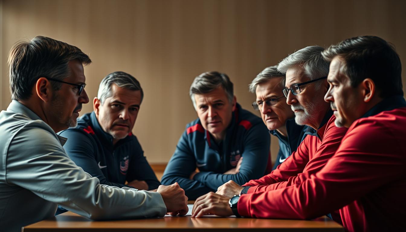 A high-resolution image showcasing the coaching staff of the United States Men's National Soccer Team (USMNT), captured in a thoughtful, analytical setting. The frame is composed with the coaches seated around a table, deep in discussion, their expressions reflecting intense focus and strategic contemplation. Soft, directional lighting illuminates their faces, casting subtle shadows that enhance the sense of depth and texture. The background is subtly blurred, hinting at a professional, boardroom-like environment, allowing the coaches to be the central focus. The overall mood is one of serious deliberation, conveying the weight of their responsibility in guiding the national team towards success in the 2026 FIFA World Cup.