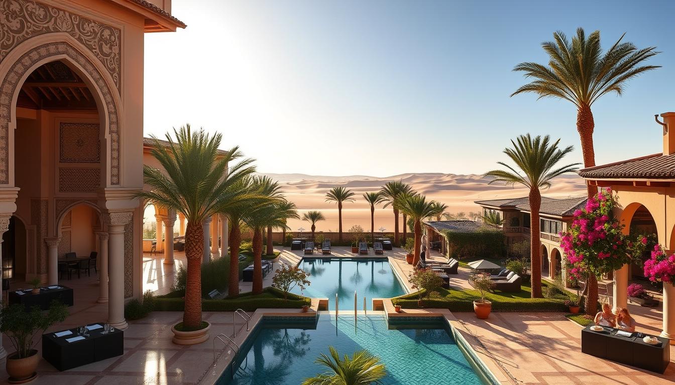 Book your dream trip to Morocco A luxurious seaside resort in Marrakesh, Morocco, nestled between the Atlas Mountains and the azure waters of the Mediterranean. Elegant Moorish architecture with intricate arched doorways and ornate tiled facades. Lush gardens with towering palms and fragrant bougainvillea, surrounding a tranquil swimming pool. Warm afternoon sunlight filters through the colonnades, casting soft shadows across the lounge areas. Guests sip mint tea and savor local delicacies on the shaded terraces, gazing out at the distant dunes. A serene oasis of refinement and relaxation, inviting travelers to indulge in the splendor of Moroccan hospitality.