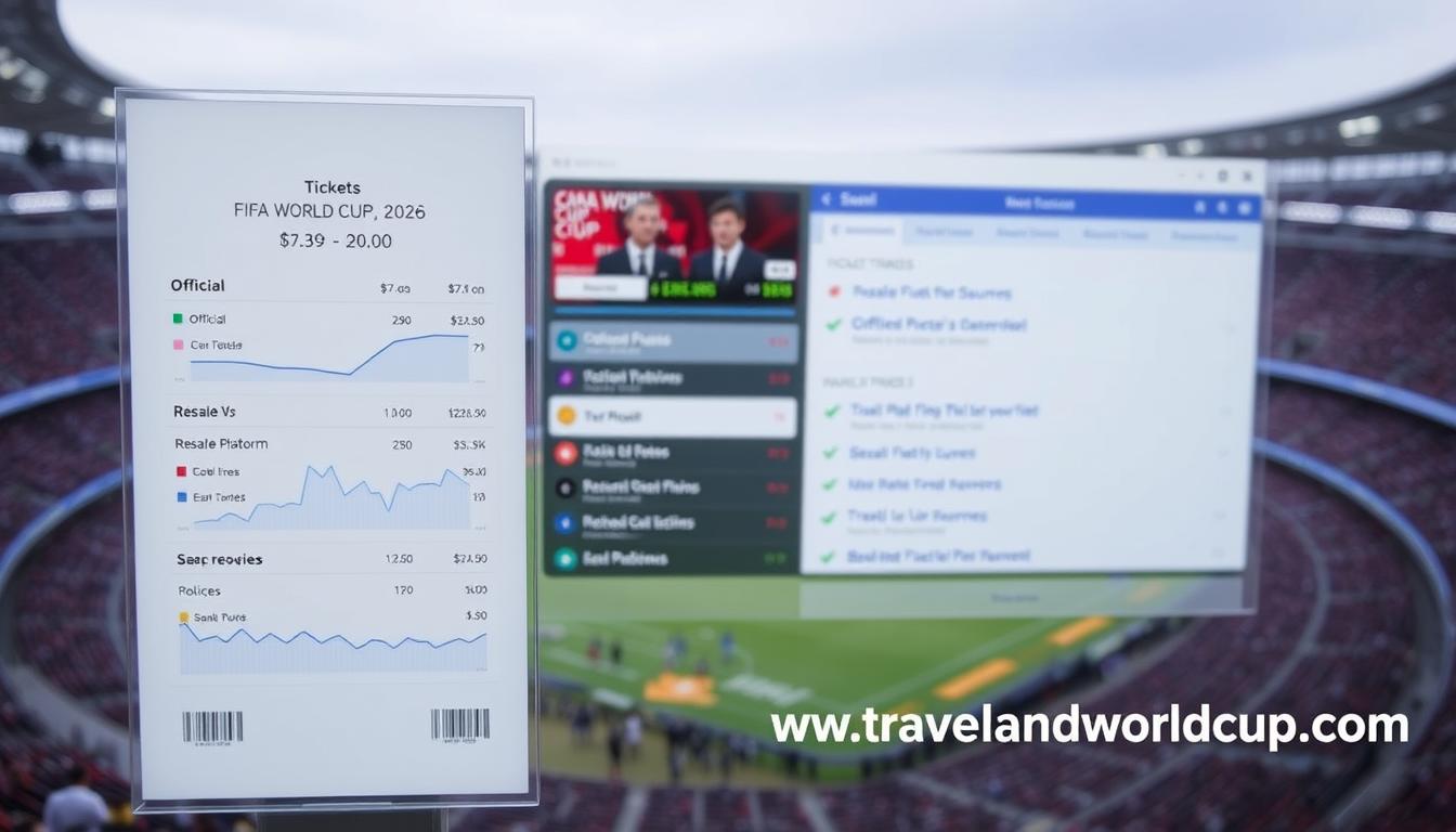 A detailed comparison of ticket prices and resale platforms for the 2026 FIFA World Cup. In the foreground, a clean and minimalist display showing ticket prices from official and resale sources, with graphs and charts conveying the data. In the middle ground, a digital interface depicting various resale platforms, their policies, and user reviews. The background features a muted, blurred image of a FIFA World Cup stadium, conveying the context. The overall mood is analytical and informative, with a focus on data visualization to aid decision-making. The website &quot;www.travelandworldcup.com&quot; is prominently displayed in the bottom right corner.