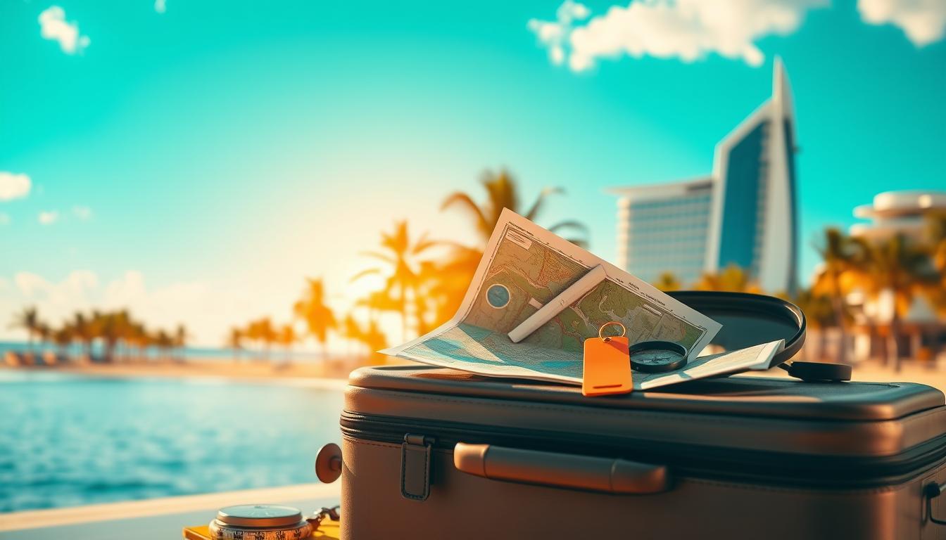 A beautiful, sun-drenched scene depicting a variety of useful travel services. In the foreground, a modern traveler's suitcase sits open, surrounded by helpful items like a map, compass, and luggage tags. In the middle ground, a serene oasis of palm trees and a tranquil beach, representing the relaxation and rejuvenation of travel. In the background, a sleek, contemporary hotel silhouetted against a vibrant, azure sky, hinting at comfortable accommodations. The overall atmosphere is one of efficiency, exploration, and the promise of a memorable journey. Lighting is warm and inviting, with a soft, golden glow. The camera angle is slightly elevated, providing a sense of organization and clarity.