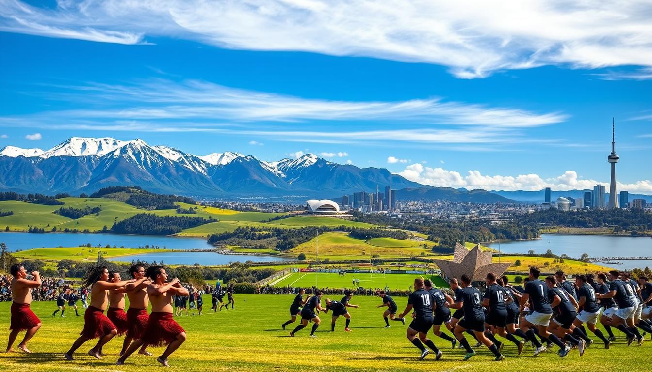 A majestic landscape of snow-capped mountains, rolling green hills, and pristine lakes, set against a vibrant blue sky. In the foreground, a group of Māori dancers perform their traditional haka, their rhythmic movements and chanting echoing the energy of the land. In the middle ground, a rugby match unfolds, with players in black jerseys competing with fierce determination on a lush pitch. The background is dotted with iconic Kiwi landmarks, such as the Beehive government building and the Sky Tower, all bathed in warm, golden light. The overall scene captures the essence of New Zealand's rich cultural heritage, its deep-rooted sporting passion, and the breathtaking natural beauty that defines this remarkable country.