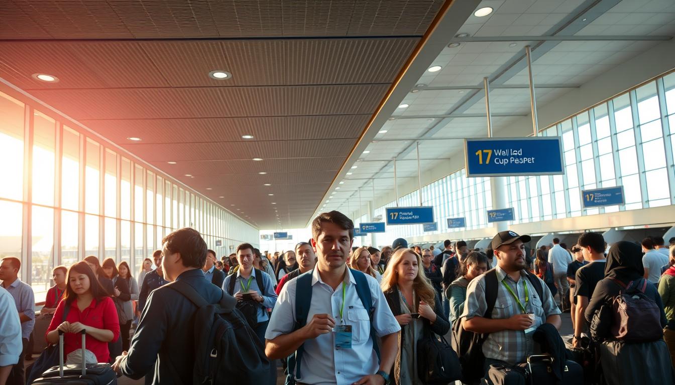 A bustling World Cup transportation hub, with passengers hurrying through a modern airport terminal. Sunlight streams through large windows, illuminating the scene. In the foreground, airport security personnel check bags and IDs with vigilance. In the middle ground, travelers queue orderly at gates, their expressions a mix of excitement and caution. The background reveals a diverse array of international travelers, their luggage and attire reflecting the global nature of the event. The atmosphere conveys a sense of organized efficiency, with safety measures in place to ensure a secure and smooth journey for all.