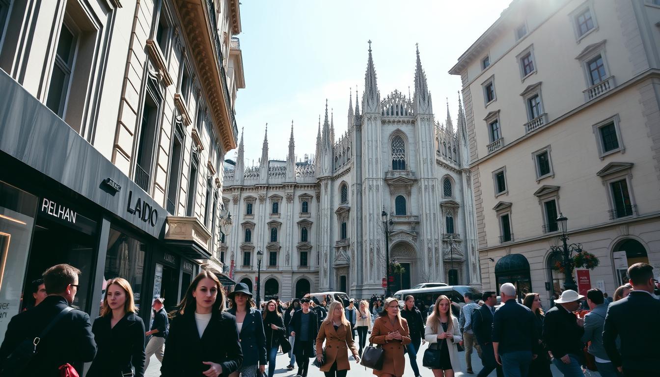 A bustling street in the heart of Milan, showcasing the city's renowned fashion and cultural vibrancy. In the foreground, stylish pedestrians strut past high-end boutiques, their designer outfits reflecting the latest trends. In the middle ground, a grand, neoclassical building stands, its ornate facade a testament to Milan's architectural heritage. In the background, the iconic Duomo cathedral dominates the skyline, its towering spires reaching towards the sun-dappled sky. The scene is captured through a wide-angle lens, highlighting the dynamic energy and cosmopolitan atmosphere of this fashion capital. The overall mood is one of sophistication, modernity, and a celebration of the city's rich cultural tapestry. https://www.travelandworldcup.