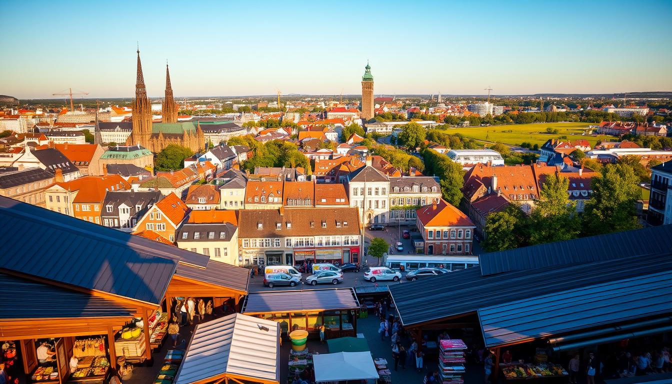 A vibrant cityscape of Copenhagen, Denmark, bathed in warm, golden sunlight. In the foreground, a bustling marketplace showcases the country's thriving economy, with stalls selling artisanal goods, fresh produce, and traditional Danish delicacies. The middle ground features iconic Danish architecture, including the striking spires of Christiansborg Palace and the sleek, modern buildings of the financial district. In the background, a network of canals and lush, verdant parks symbolize Denmark's commitment to social welfare and environmental sustainability. The scene exudes a sense of prosperity, contentment, and a high quality of life, reflecting the nation's strong economy and robust social safety net.