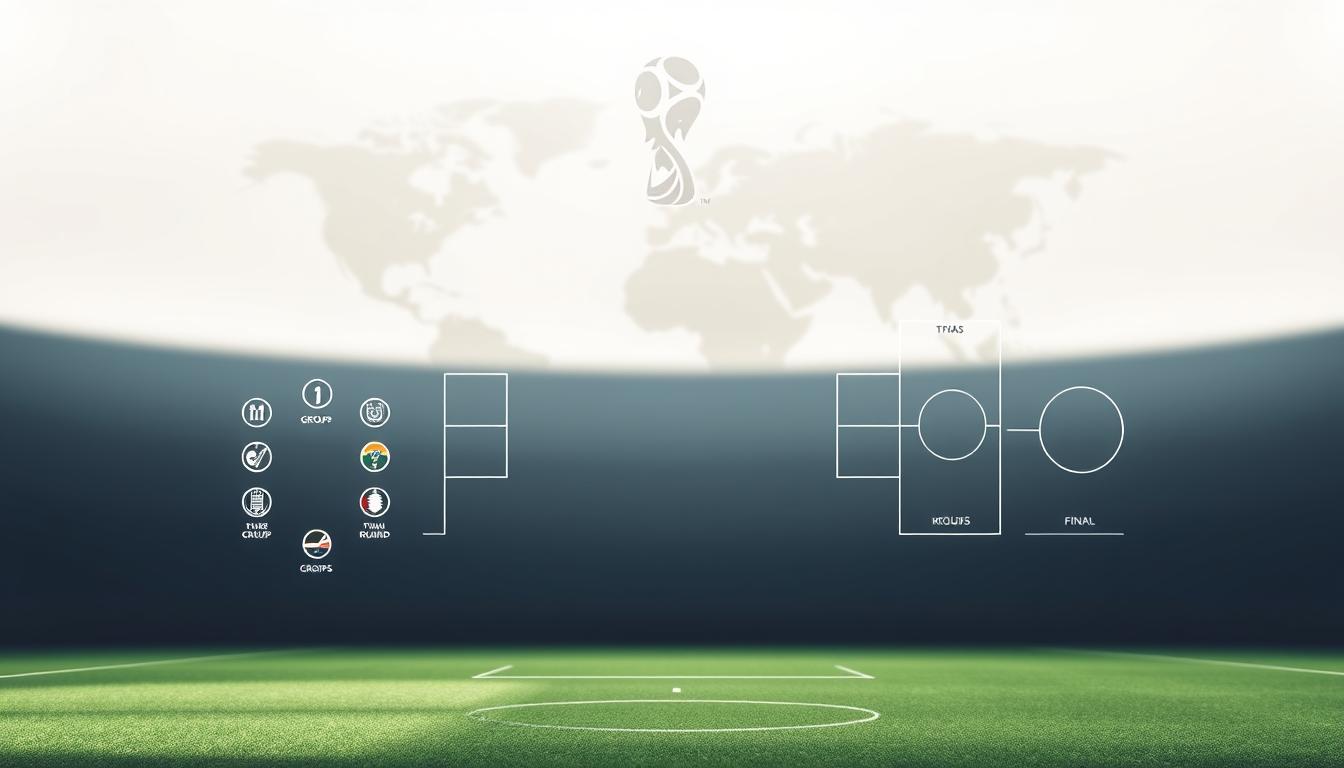 usa world cup 2026 A sleek, minimalist illustration of the FIFA World Cup group stage structure, rendered in a modern, clean style. The foreground depicts the group stage layout, with the 8 groups arranged in a grid-like fashion, each represented by a distinct icon or symbol. The middle ground showcases the knockout round progression, with clean lines and geometric shapes guiding the viewer's eye from the group stage to the final stages. The background features a subtle, blurred world map, hinting at the global scale of the event. The lighting is soft and diffused, creating a sense of depth and emphasizing the hierarchical structure of the tournament. The overall tone is authoritative, informative, and visually striking, perfectly suited to accompany the article's section on the 2026 World Cup format.