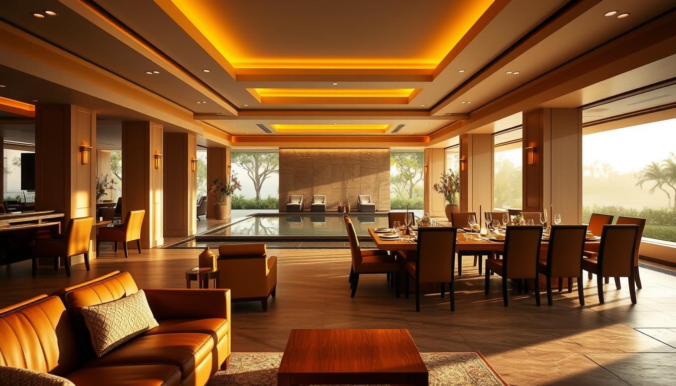 A lavish interior of a luxury hotel spa and dining area, bathed in warm, natural lighting filtering through large windows overlooking a serene garden. In the foreground, a modern but elegant lounge area with plush leather armchairs and a polished wood coffee table. In the middle ground, a long dining table set with fine china and crystal glassware, surrounded by high-backed chairs upholstered in rich fabrics. The background features a spa-like ambiance, with a tranquil indoor pool, stone tile flooring, and soft lighting emanating from concealed fixtures. The overall atmosphere exudes a sense of refined sophistication and unparalleled service befitting a premier hotel destination.